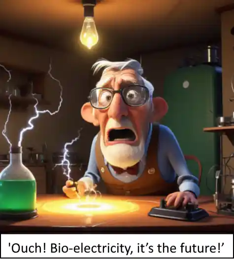 Ouch-bioelectricity cartoon humour for Ukraine biogas readers.